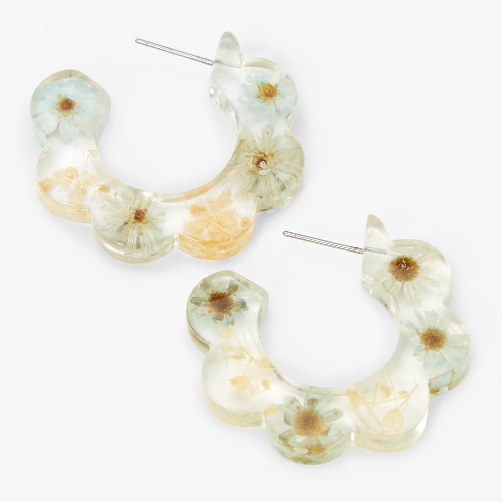 NEW YELLOW & WHITE 30MM RESIN FLORAL HOOP EARRINGS